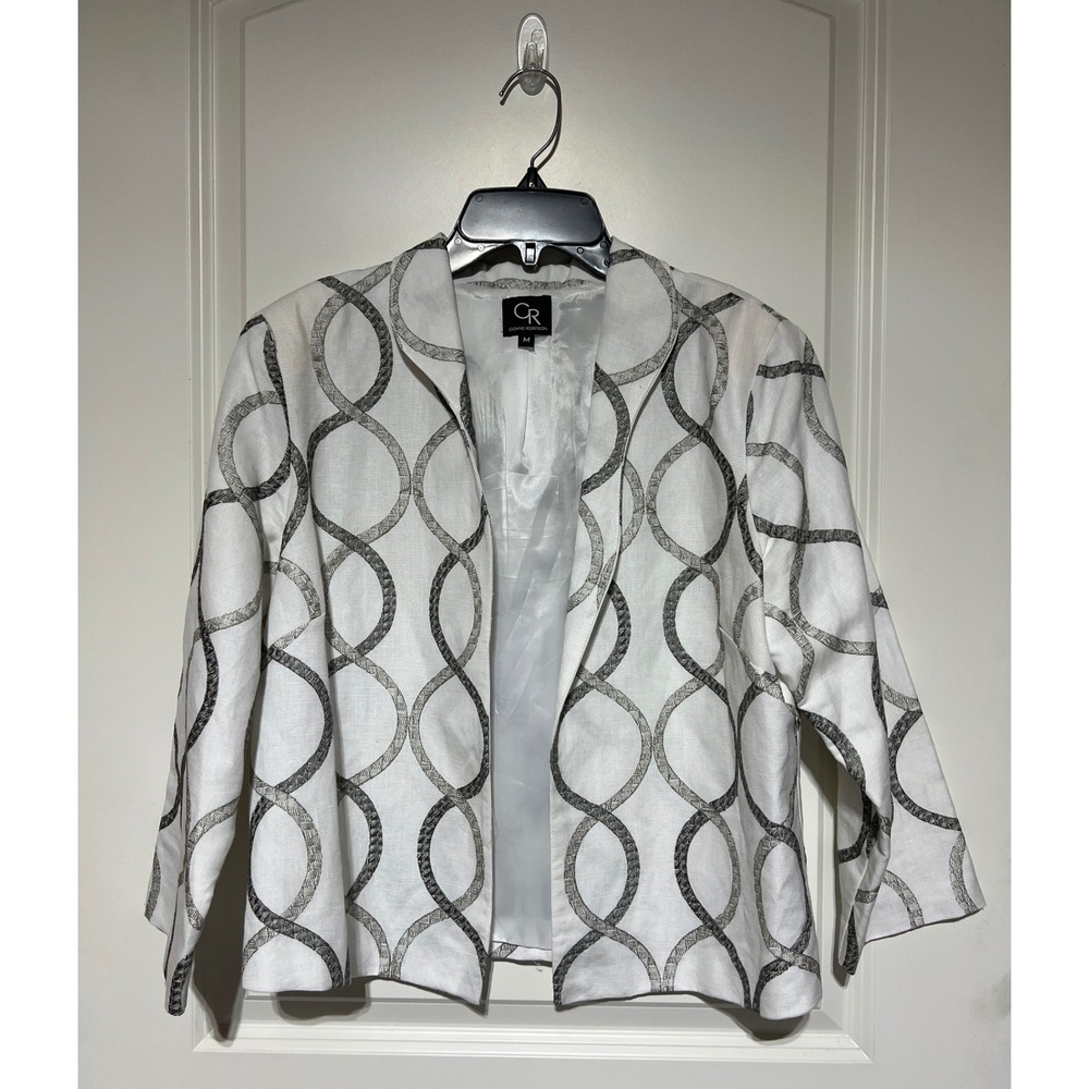 Connie Roberson White Linen Jacket Embroidered Chain Link 3/4 Sleeve Size M USA